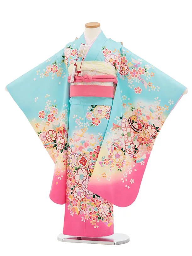 七五三(7歳結び帯)Y824 水色 裾ピンク 桜鞠
