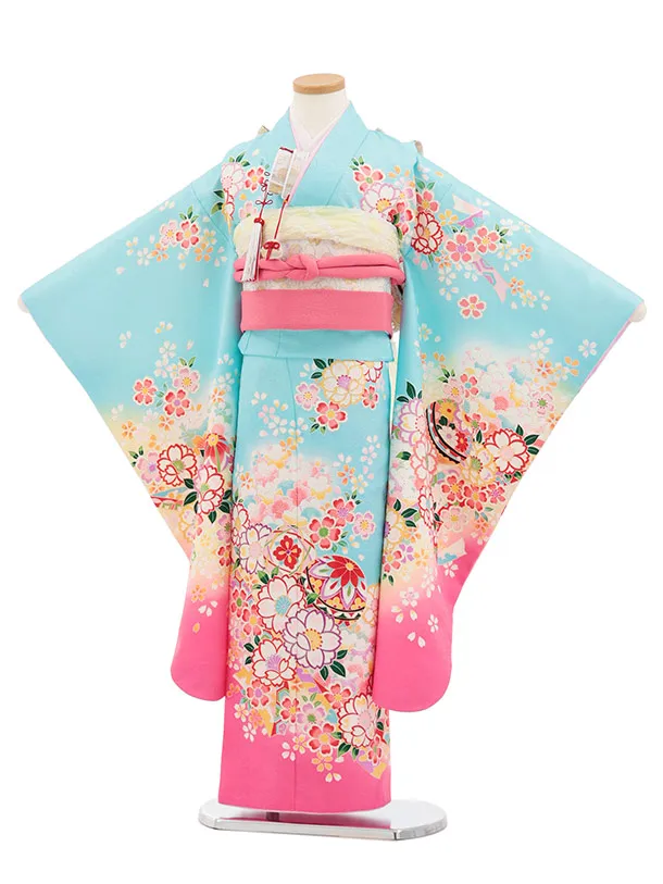 七五三(7歳結び帯)Y824 水色 裾ピンク 桜鞠
