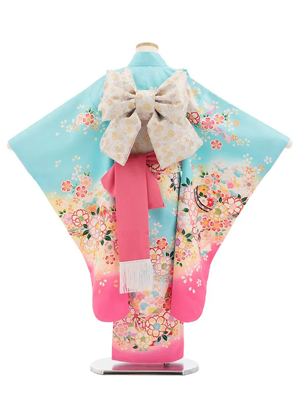 七五三(7歳結び帯)Y824 水色 裾ピンク 桜鞠