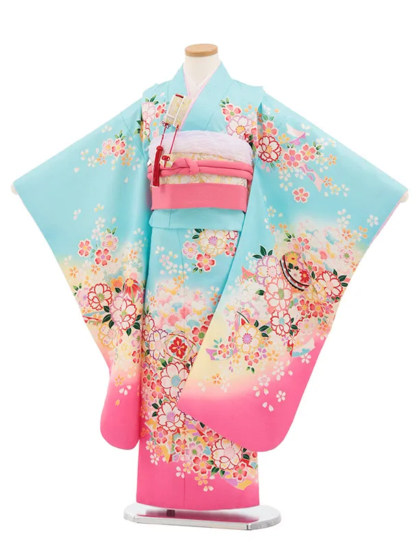 七五三(7歳結び帯)Y825 水色 裾ピンク 桜鞠