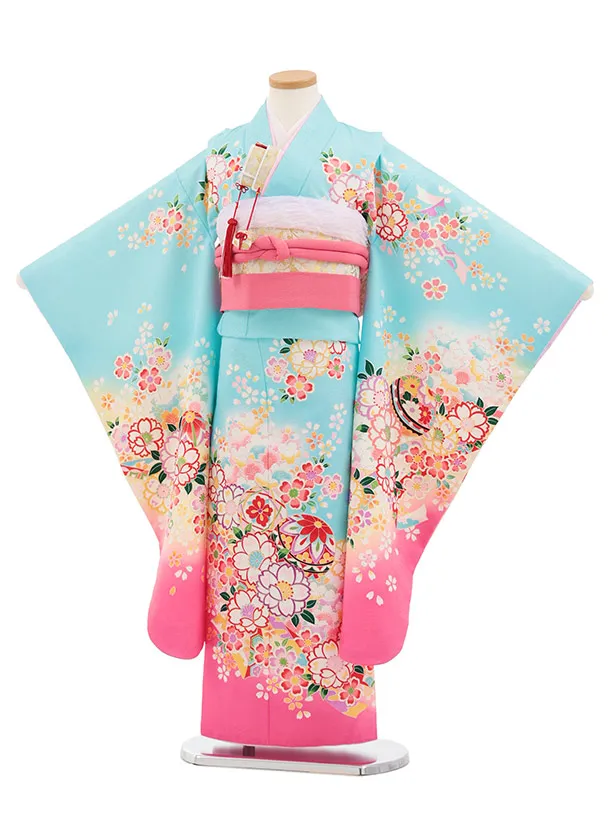 七五三(7歳結び帯)Y825 水色 裾ピンク 桜鞠