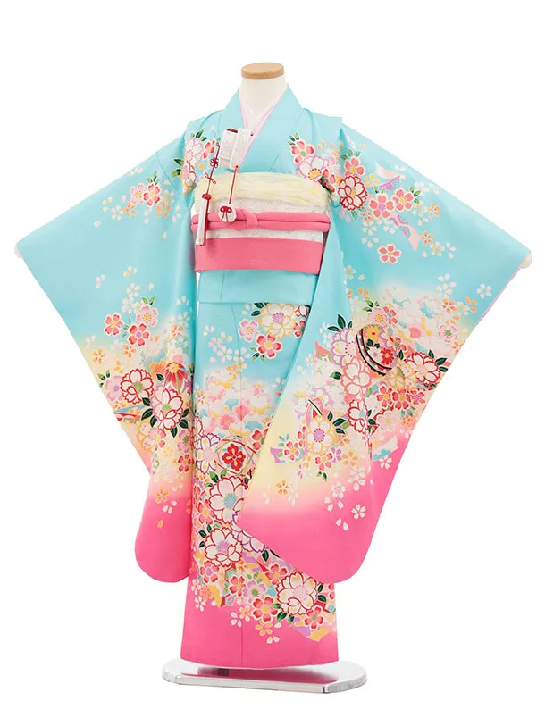 七五三(7歳結び帯)Y826 水色 裾ピンク 桜鞠
