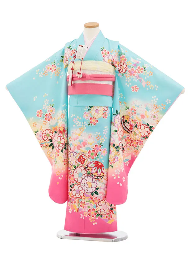 七五三(7歳結び帯)Y826 水色 裾ピンク 桜鞠