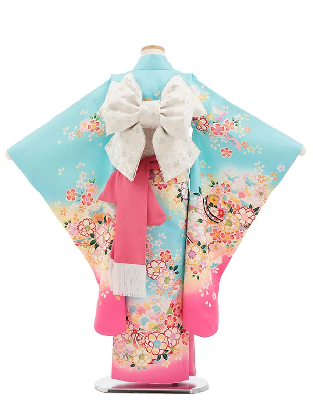 七五三(7歳結び帯)Y826 水色 裾ピンク 桜鞠