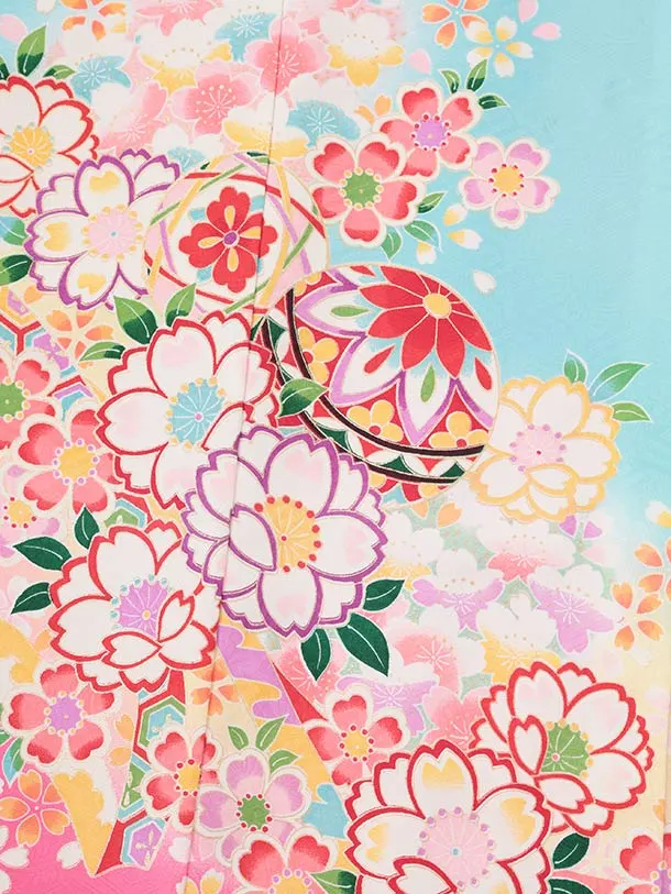 七五三(7歳結び帯)Y826 水色 裾ピンク 桜鞠