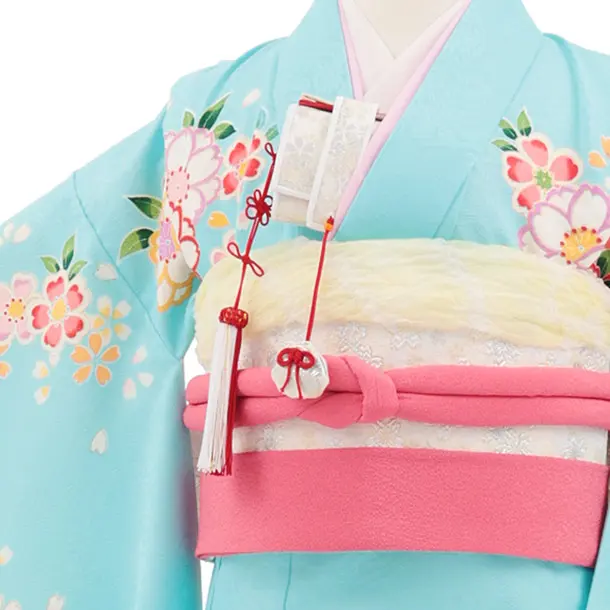 七五三(7歳結び帯)Y826 水色 裾ピンク 桜鞠