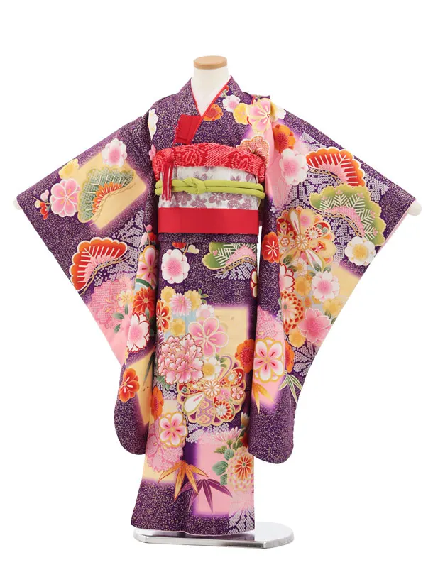 七五三(7歳結び帯)Y842 紫 金霜降り文様 花