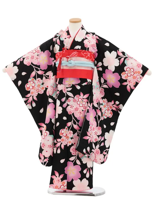 七五三(7歳結び帯)Y847 黒地 桜菊