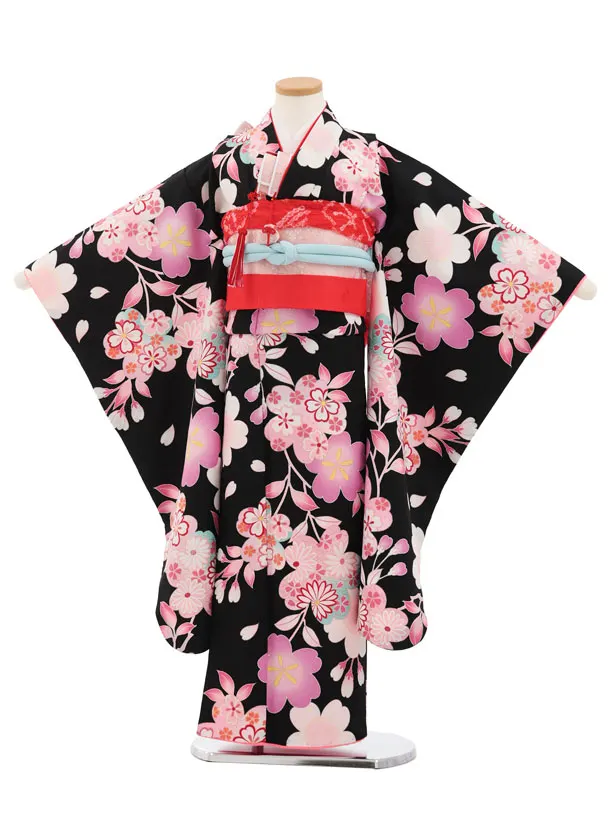 七五三(7歳結び帯)Y847 黒地 桜菊
