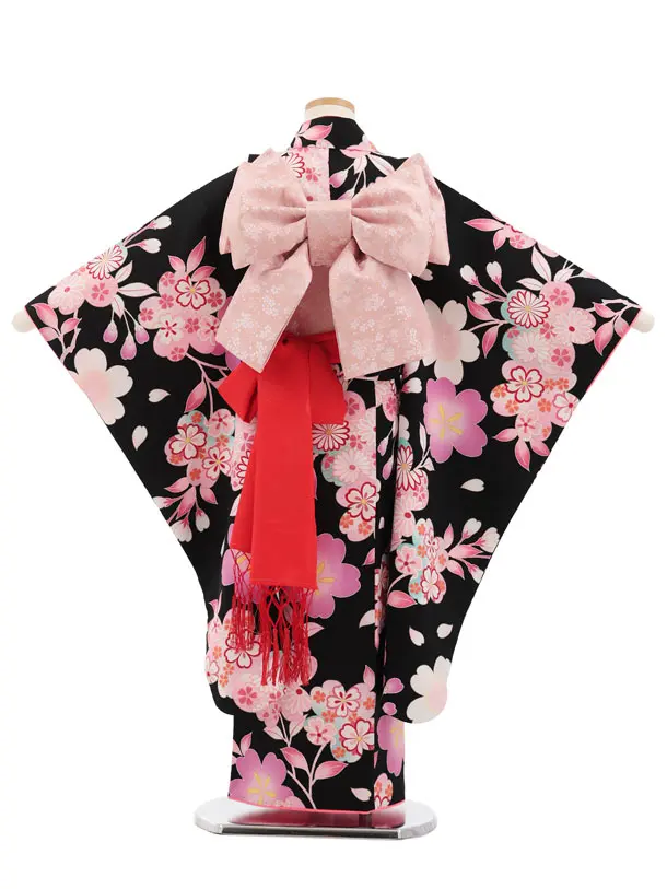 七五三(7歳結び帯)Y847 黒地 桜菊