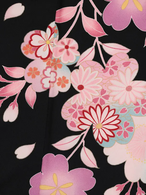 七五三(7歳結び帯)Y847 黒地 桜菊