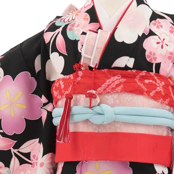 七五三(7歳結び帯)Y847 黒地 桜菊
