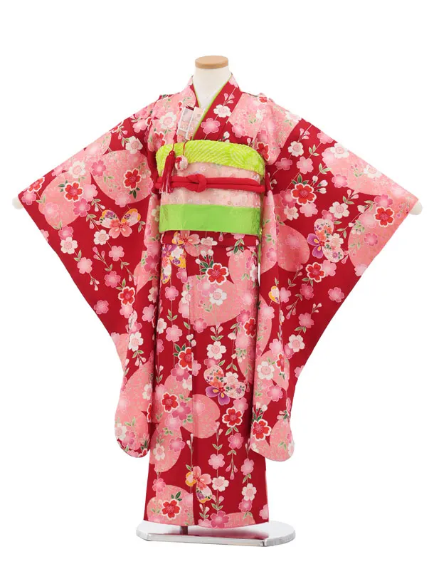 七五三(7歳結び帯)Y852 赤地 桜に蝶