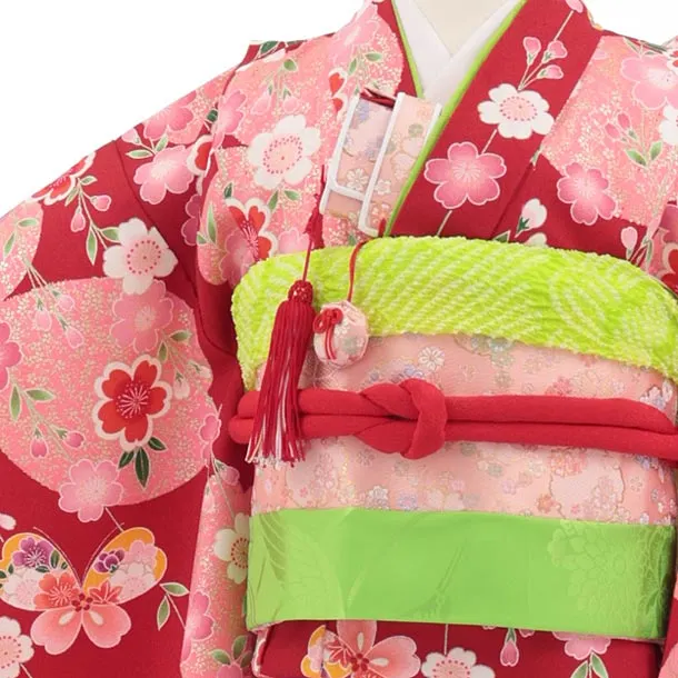 七五三(7歳結び帯)Y852 赤地 桜に蝶