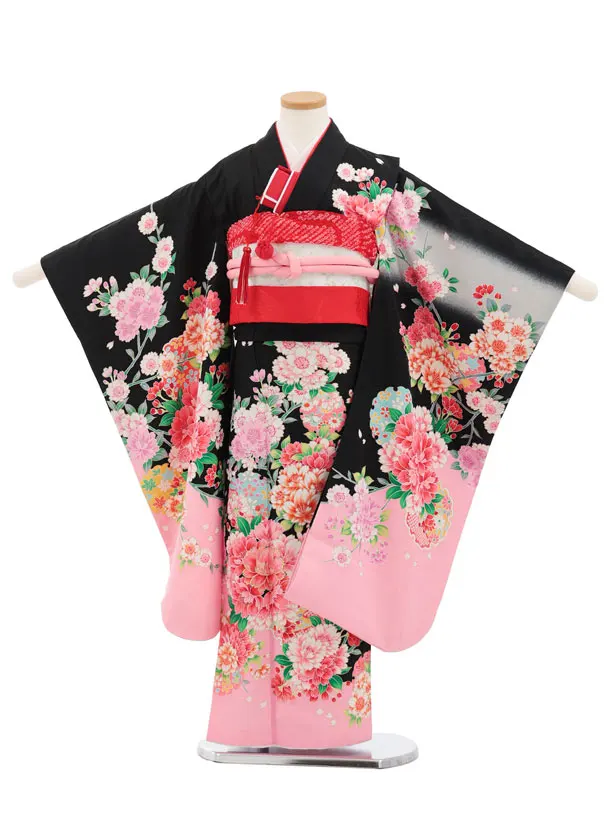 七五三(7歳結び帯)Y855 黒 裾ピンク 花