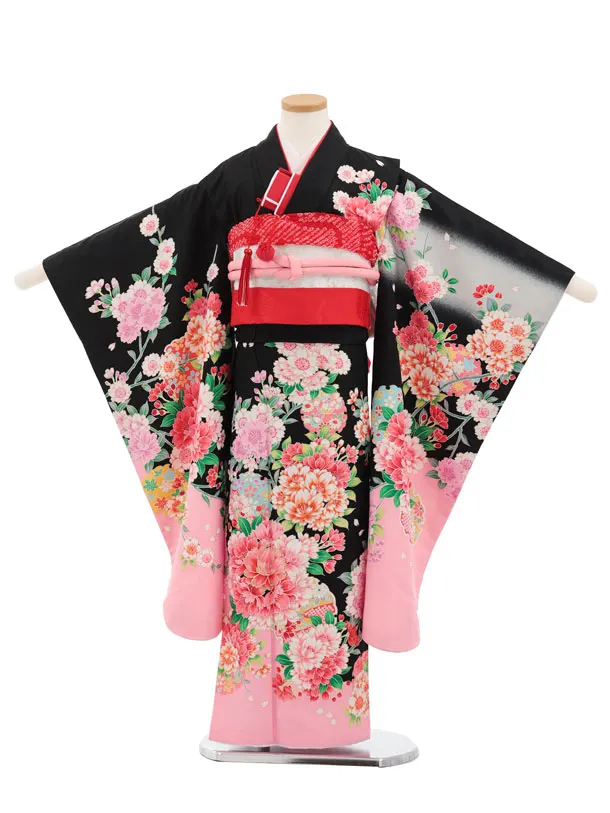 七五三(7歳結び帯)Y855 黒 裾ピンク 花