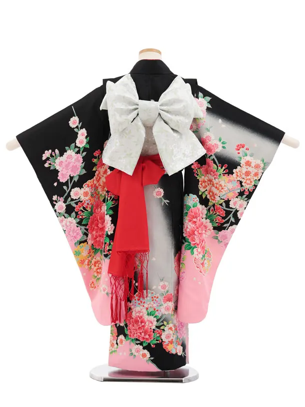 七五三(7歳結び帯)Y855 黒 裾ピンク 花