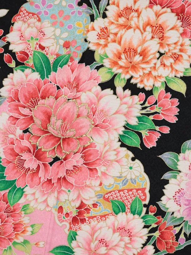 七五三(7歳結び帯)Y855 黒 裾ピンク 花