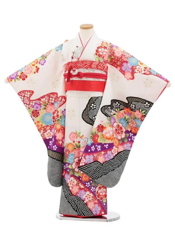 七五三(7歳結び帯)Y860 白地 裾黒 まり花