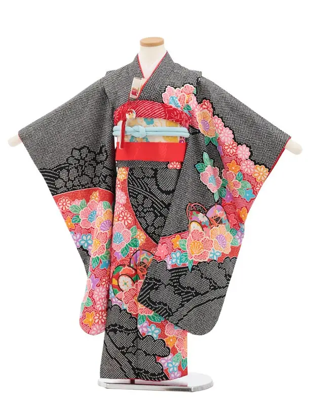 七五三(7歳結び帯)Y861 黒 疋田柄 花鼓