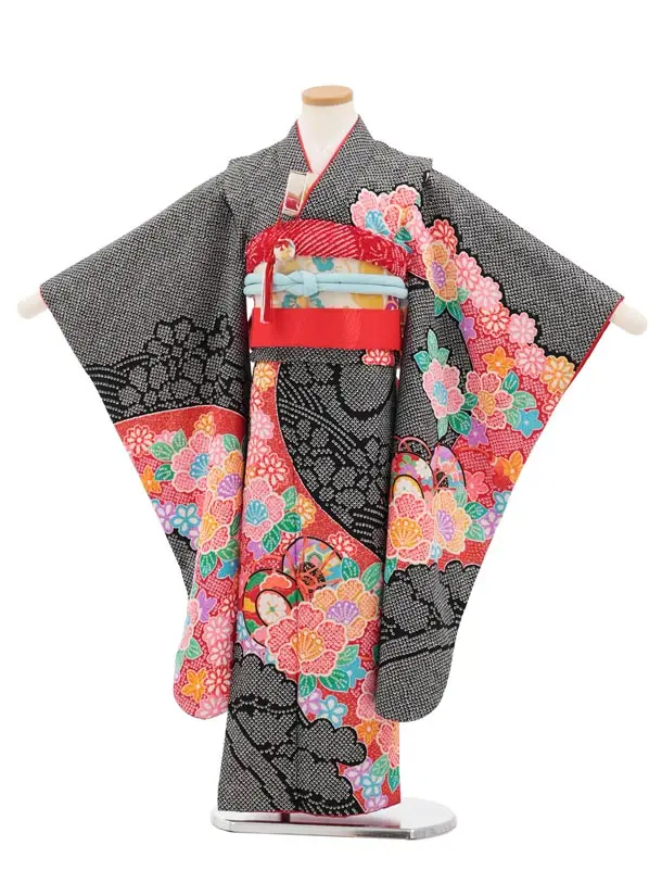 七五三(7歳結び帯)Y861 黒 疋田柄 花鼓