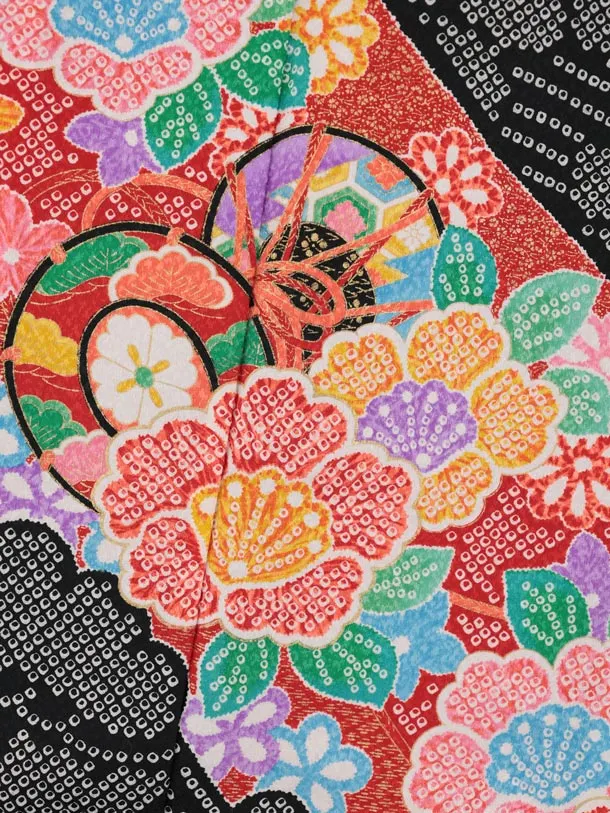 七五三(7歳結び帯)Y861 黒 疋田柄 花鼓