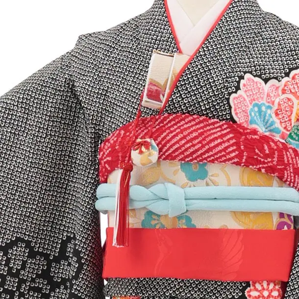 七五三(7歳結び帯)Y861 黒 疋田柄 花鼓