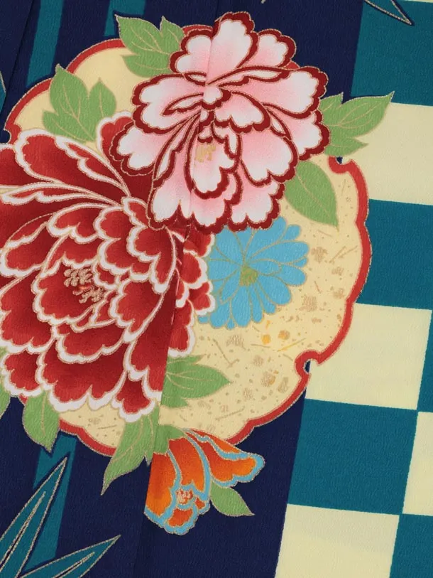 七五三(7歳結び帯)Y862 ネイビー 市松 雪輪花