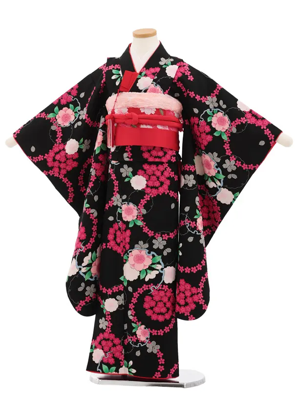 七五三(7歳結び帯)Y874 黒地 桜小花