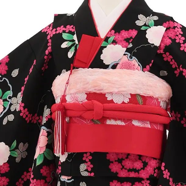 七五三(7歳結び帯)Y874 黒地 桜小花
