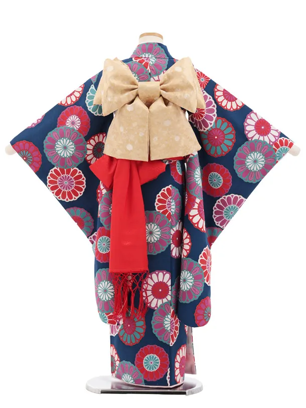 七五三(7歳結び帯)Y877 ネイビー 菊花