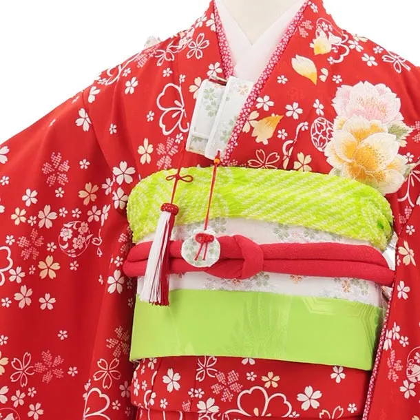 七五三(7歳結び帯)Y880 赤地 まり花刺繍