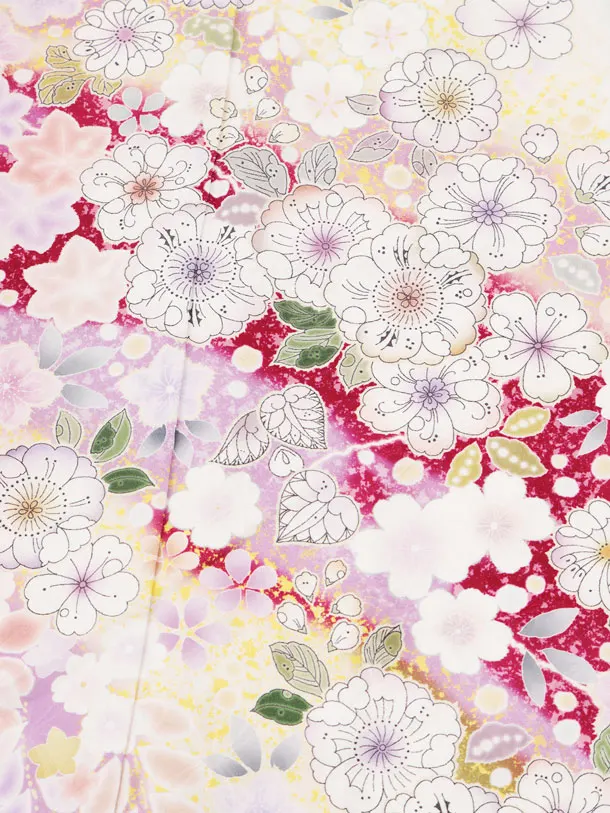 七五三(7歳結び帯)Y905 【正絹】うすベージュ 裾エンジ 辻が花調