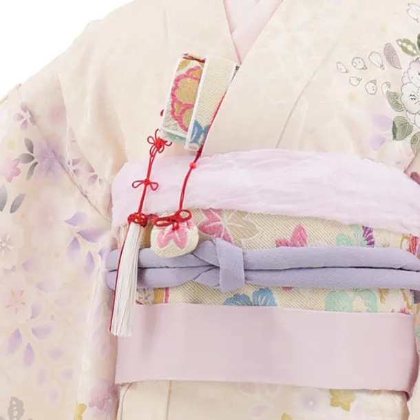 七五三(7歳結び帯)Y905 【正絹】うすベージュ 裾エンジ 辻が花調