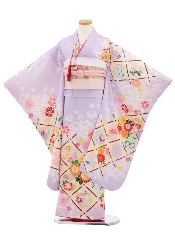 七五三(7歳結び帯)Y906 【正絹】ラベンダー 天井絵に花
