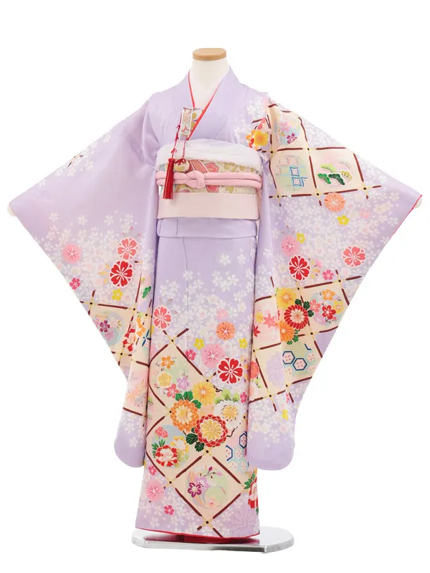 七五三(7歳結び帯)Y906 【正絹】ラベンダー 天井絵に花