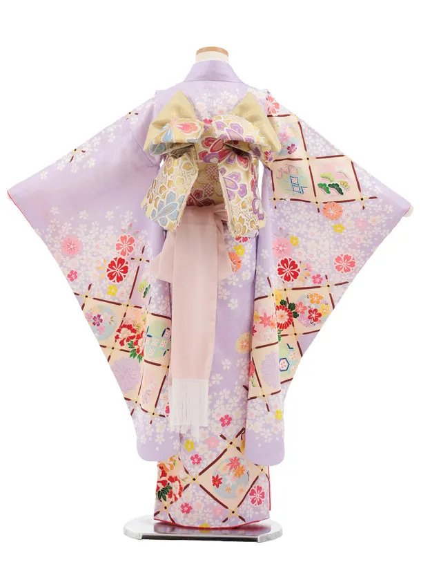 七五三(7歳結び帯)Y906 【正絹】ラベンダー 天井絵に花