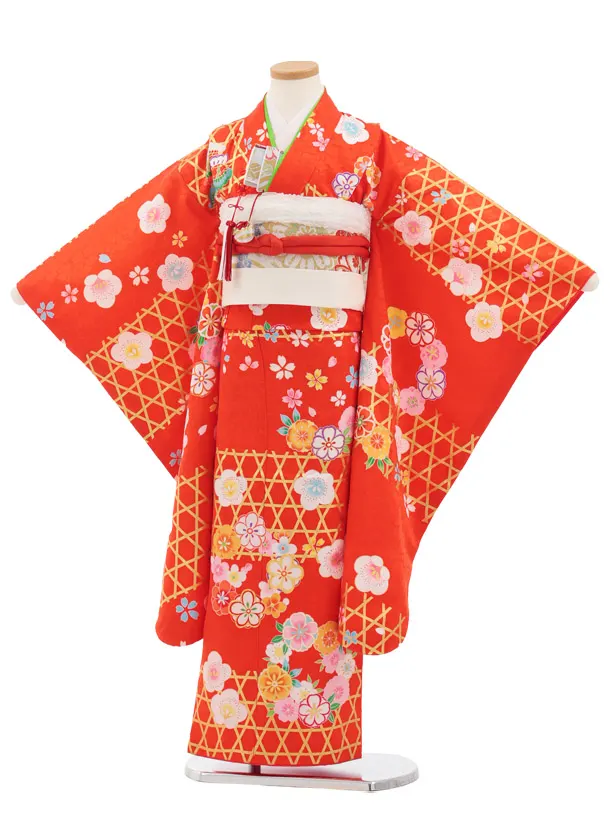 七五三(7歳結び帯)Y907 【正絹】赤橙色 かごめに梅桜