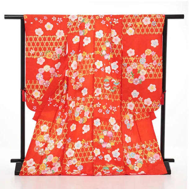 七五三(7歳結び帯)Y907 【正絹】赤橙色 かごめに梅桜