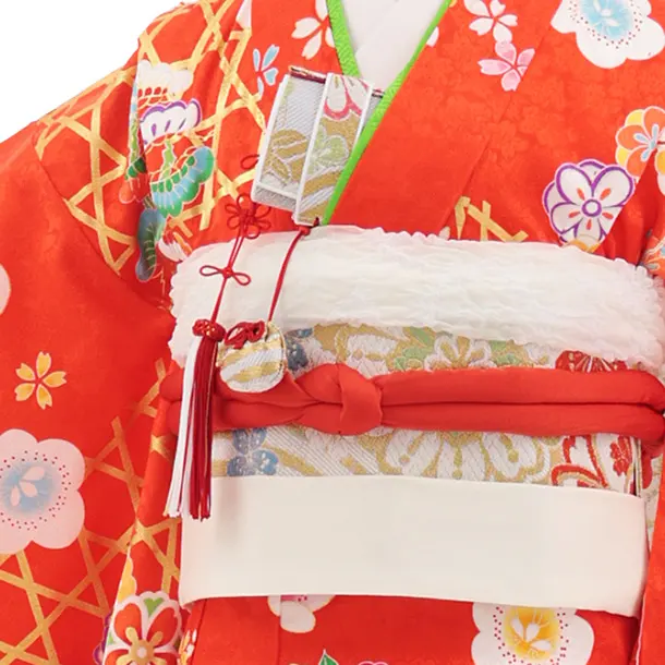 七五三(7歳結び帯)Y907 【正絹】赤橙色 かごめに梅桜