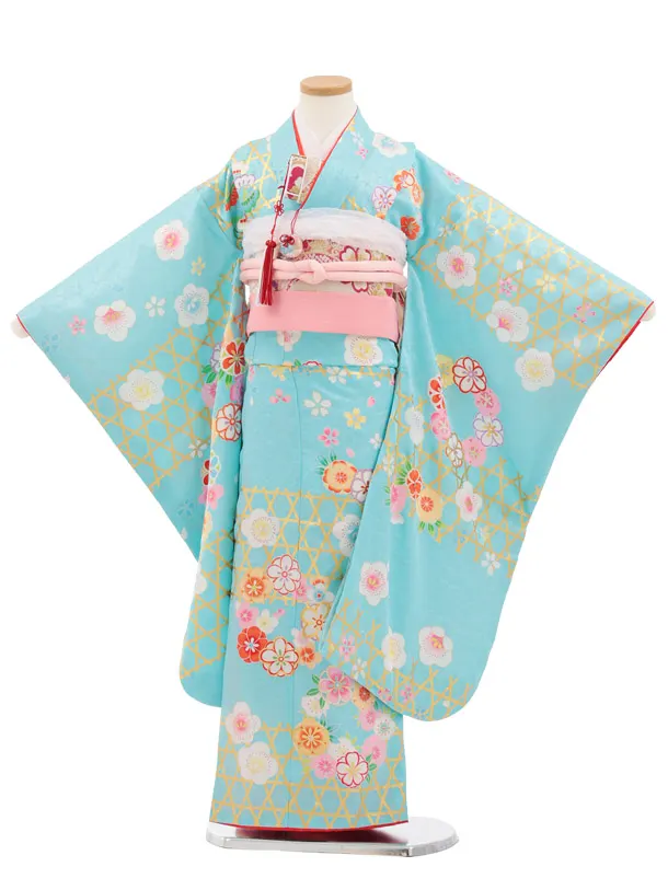 七五三(7歳結び帯)Y908 【正絹】水色 かごめに梅桜