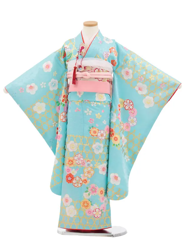 七五三(7歳結び帯)Y908 【正絹】水色 かごめに梅桜