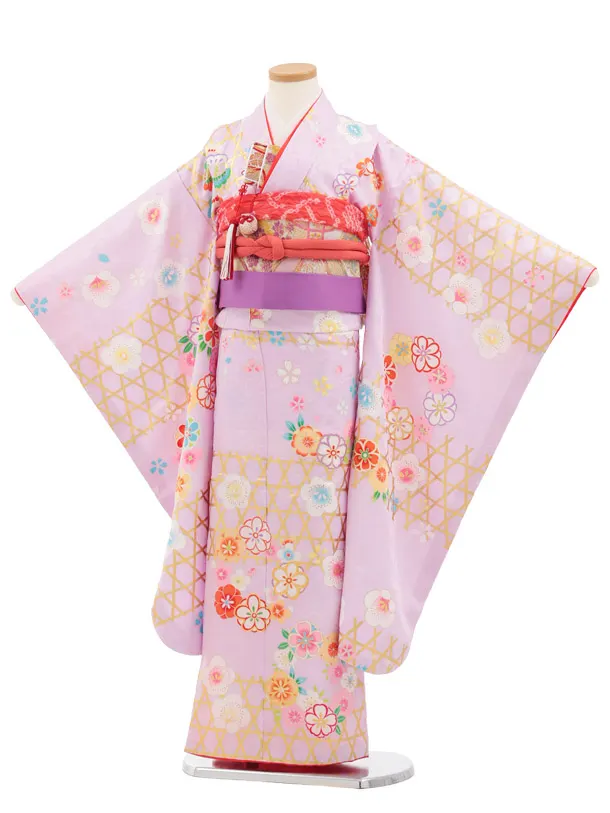 七五三(7歳結び帯)Y909 【正絹】ラベンダー かごめに梅桜