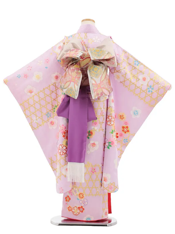 七五三(7歳結び帯)Y909 【正絹】ラベンダー かごめに梅桜