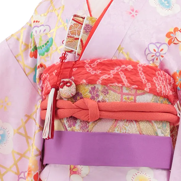 七五三(7歳結び帯)Y909 【正絹】ラベンダー かごめに梅桜