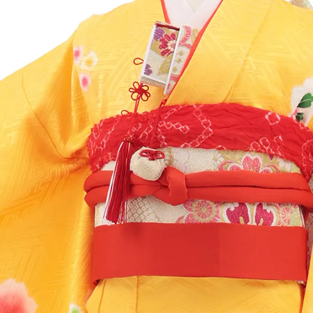 七五三(7歳結び帯)Y918 【正絹】黄色 まり花
