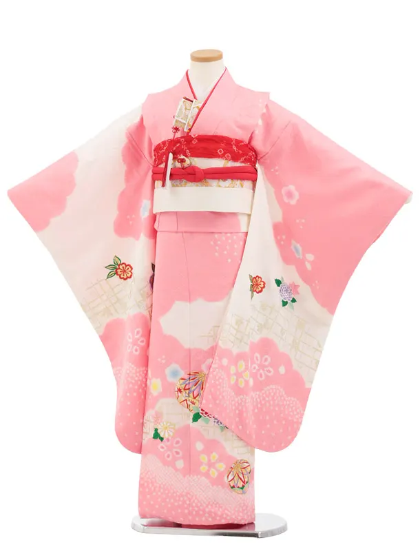 七五三(7歳結び帯)Y922 【正絹】ピンク 刺繍まり花
