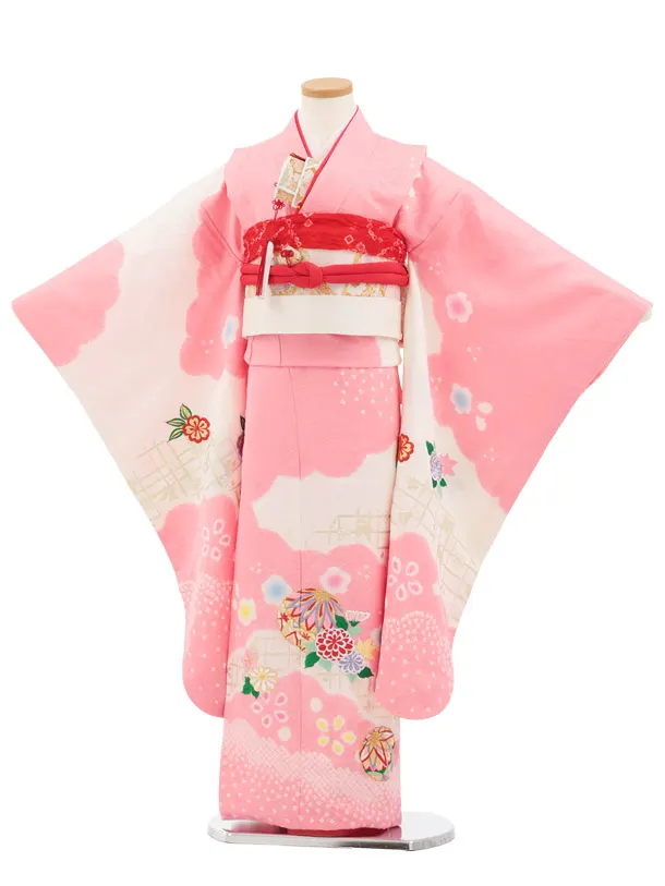 七五三(7歳結び帯)Y922 【正絹】ピンク 刺繍まり花