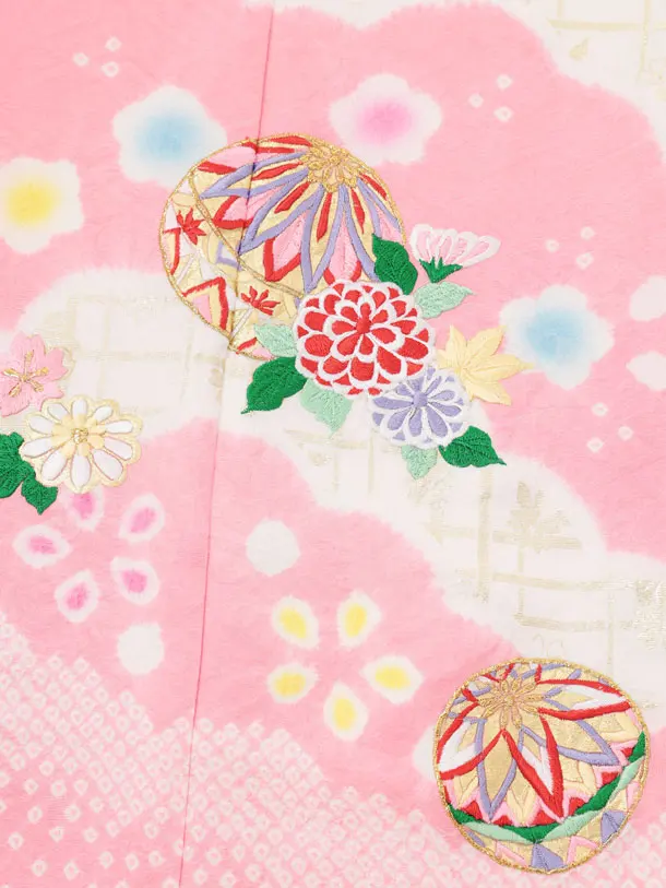 七五三(7歳結び帯)Y922 【正絹】ピンク 刺繍まり花