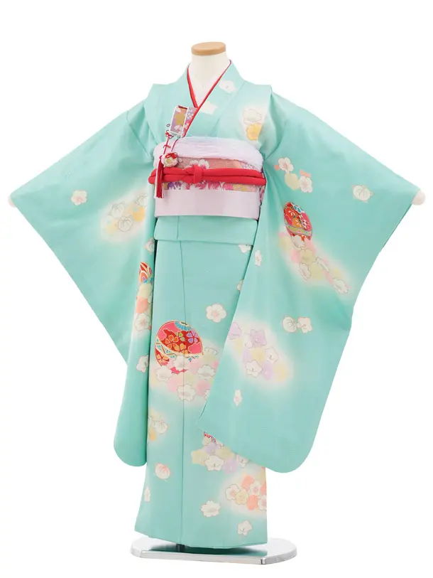 七五三(7歳結び帯)Y927 【正絹】うすミント まりに四季花